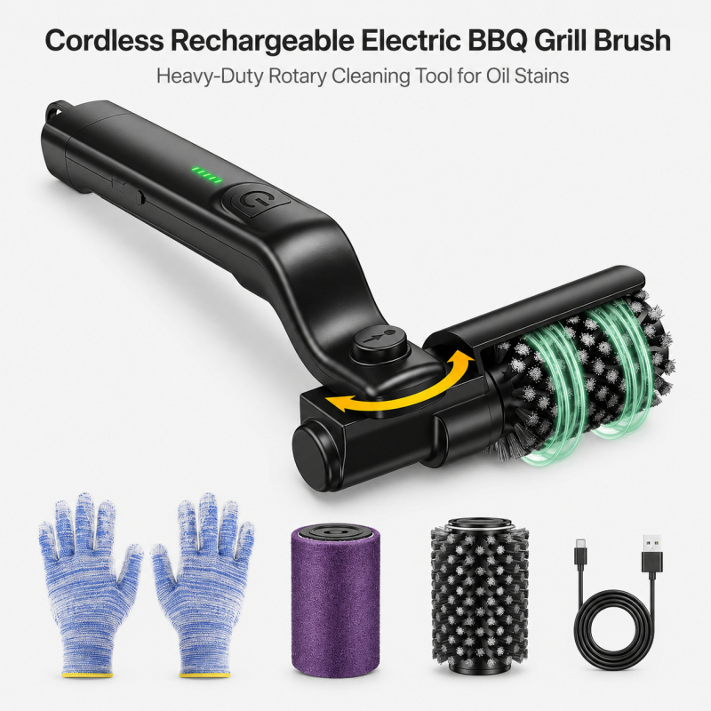 Outdoor Power Brush - แปรงทำความสะอาดเตาบาร์บีคิวไฟฟ้าไร้สายแบบชาร์จได้ สำหรับงานหนัก ใช้กลางแจ้ง ปรับหมุนได้ สำหรับทำความสะอาดคราบน้ำมัน